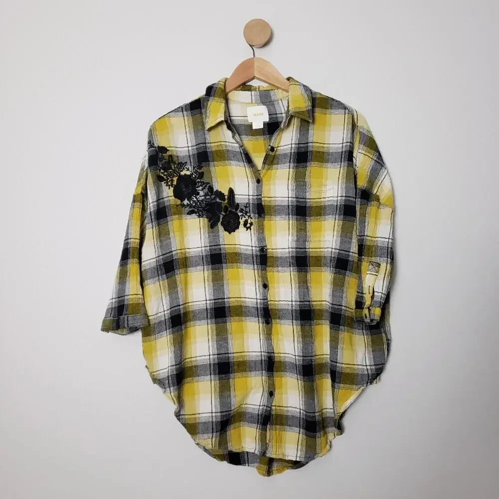 Maeve Anthropologie Plaid Flannel Tunic Floral Embroidered Oversized Shirt XS - Picture 4 of 12